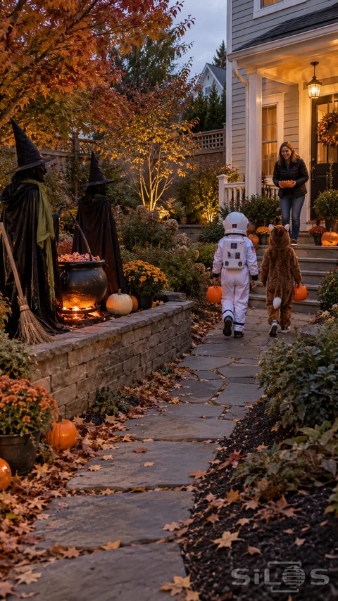 Two children in astronaut and animal costumes approach a decorated porch along a leaf-strewn stone path beside handmade witch props, pumpkins and autumn planting.