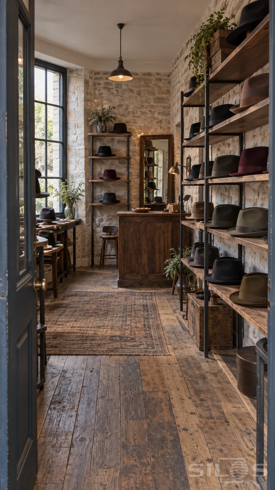 A compact hat shop pairs felt hats on slim wooden shelves with pale stone walls, a fitting mirror and a timber counter.