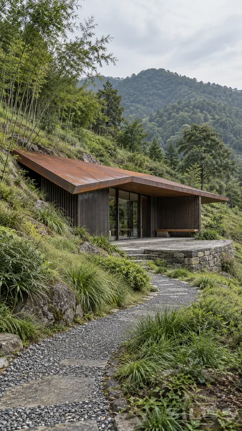 A low weathering-steel roof shelters a timber-lined entrance and bench, set into a green hillside beside a winding stone path.