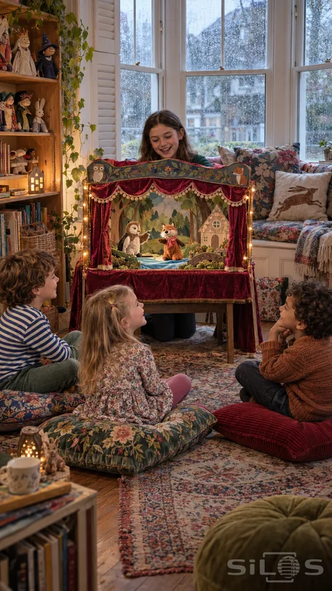 Four children enjoy a woodland puppet show in a richly furnished bay-window nook, with velvet curtains, handmade animal puppets and patterned floor cushions.