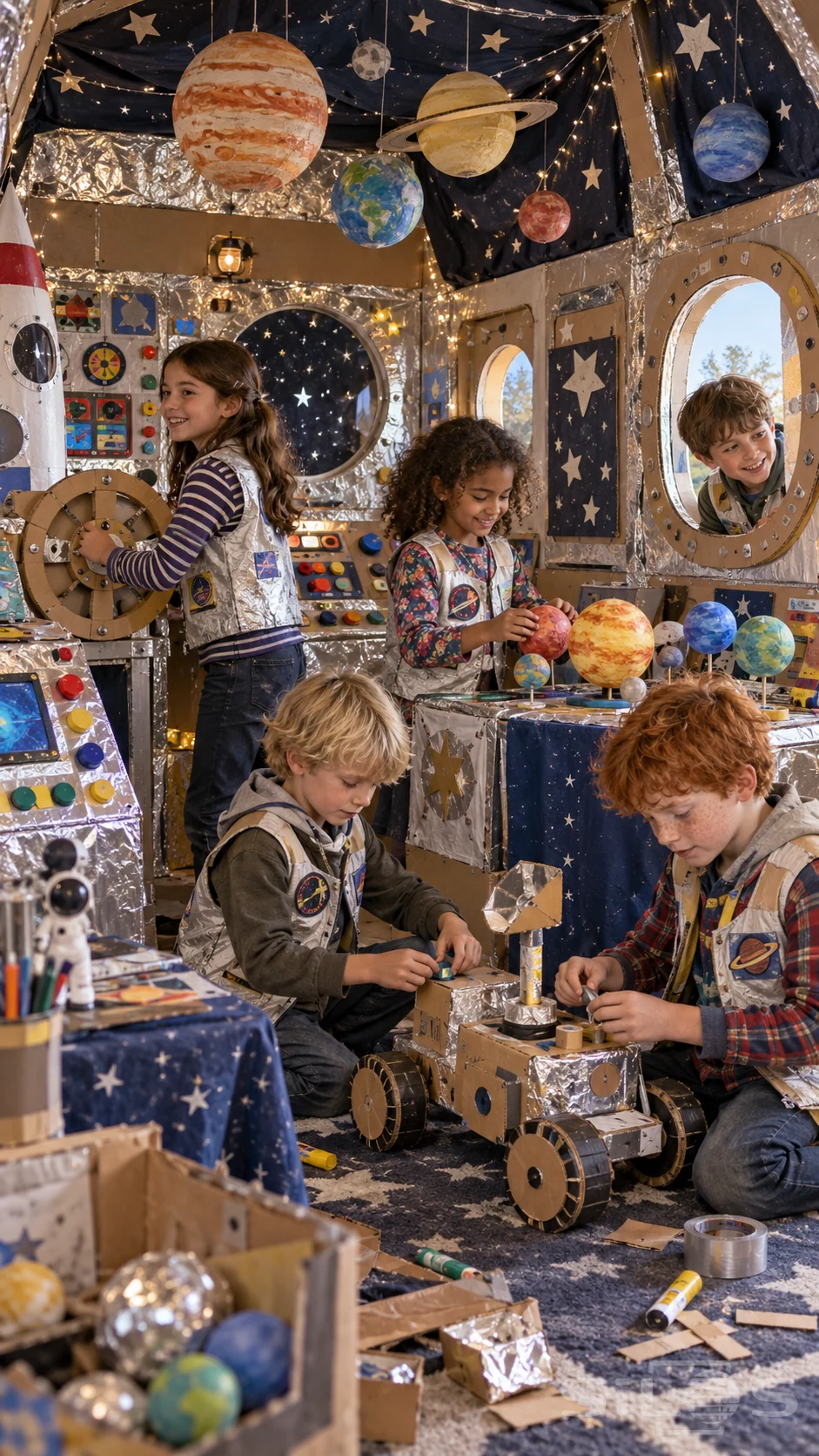 Five children play in an elaborate cardboard spacecraft filled with foil consoles, painted planets, star cloth and a handmade rover.