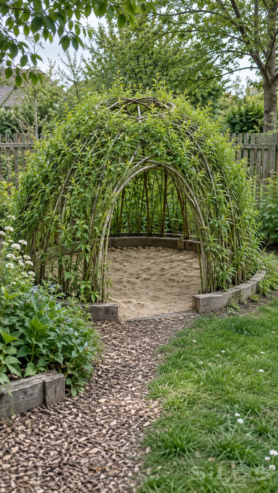 Leafy willow rods form an arched play shelter around a sandpit, surrounded by garden beds, grass and a quiet woodchip path.