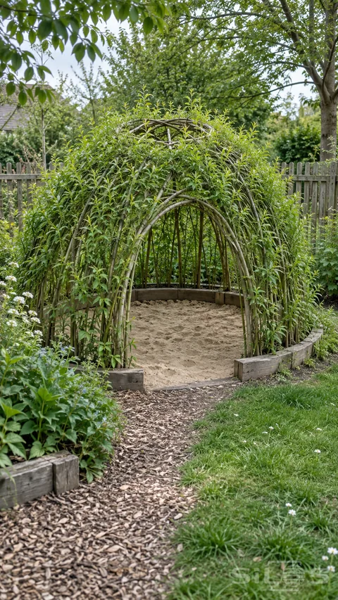 Leafy willow rods form an arched play shelter around a sandpit, surrounded by garden beds, grass and a quiet woodchip path.