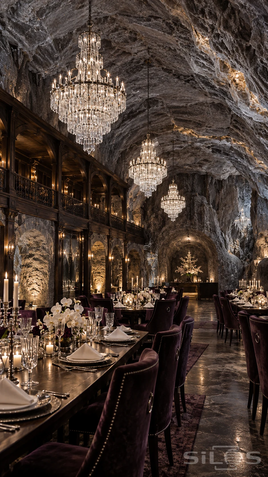 An unoccupied underground banquet hall pairs a rugged mineral vault with crystal chandeliers, a dark timber gallery, aubergine chairs and elaborate table settings.