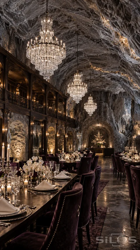 An unoccupied underground banquet hall pairs a rugged mineral vault with crystal chandeliers; a dark timber gallery; aubergine chairs and elaborate table settings.