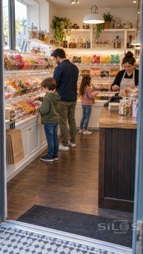 Children choose sweets with their father in a bright neighborhood shop lined with clear candy bins, glass jars and a wooden checkout.