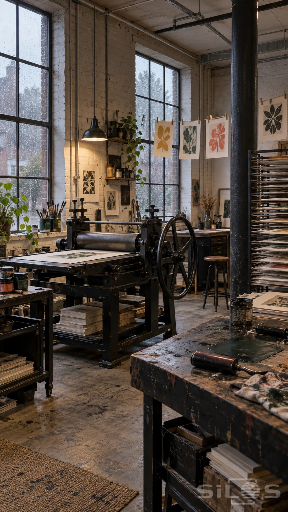A black handwheel press sits among drying botanical prints, paper racks and ink-covered benches in a quiet brick workshop with rain-speckled windows.