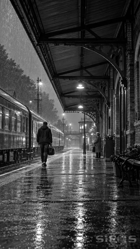 A traveler carries a duffel along a rain-soaked platform beneath iron canopy trusses while another passenger waits beside the station.