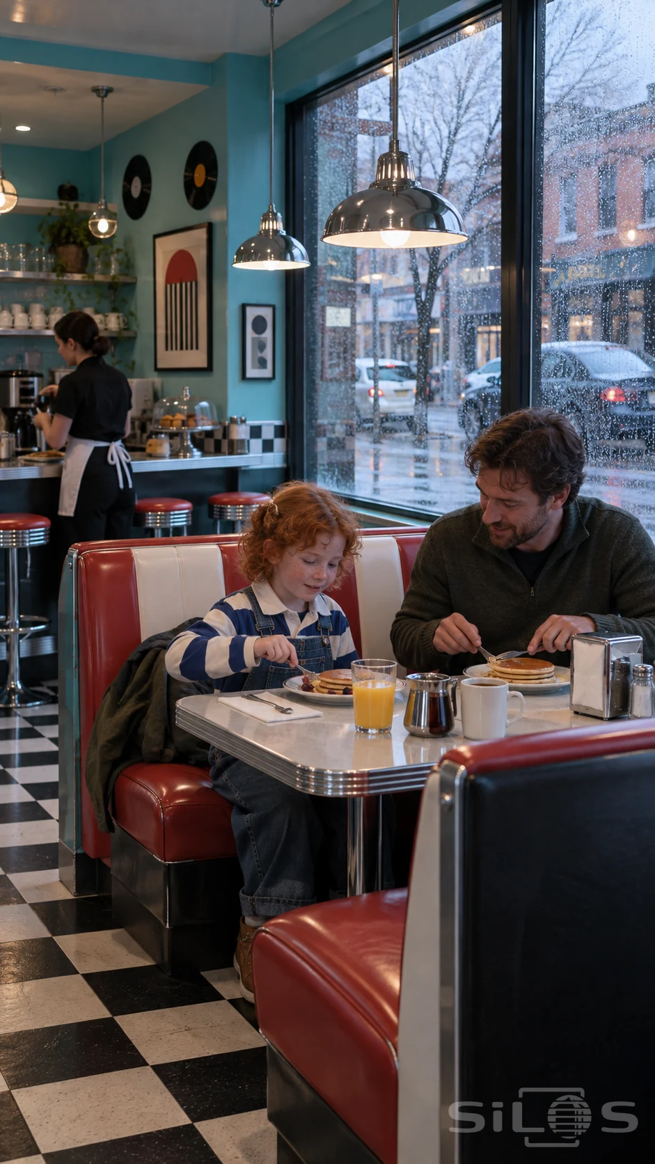 A red-haired child in a striped shirt and denim overalls shares pancakes with their father in a turquoise diner with red vinyl booths, chrome lamps and rain-speckled windows.
