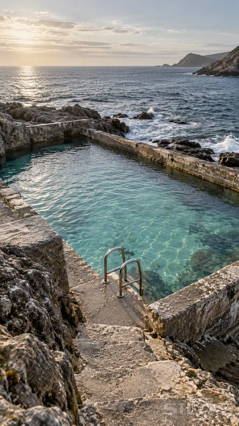 Clear aqua water fills a rockside tidal pool; reached by worn stone steps and a steel ladder; with the open sea beyond.