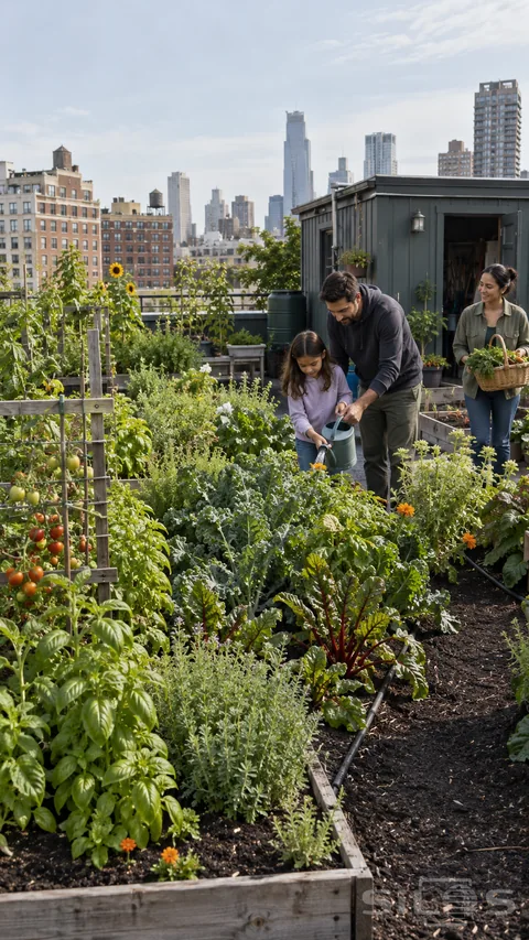 A family tends dense rooftop vegetable beds beside a small utility shed, with tomatoes, herbs and city buildings surrounding the shared watering task.