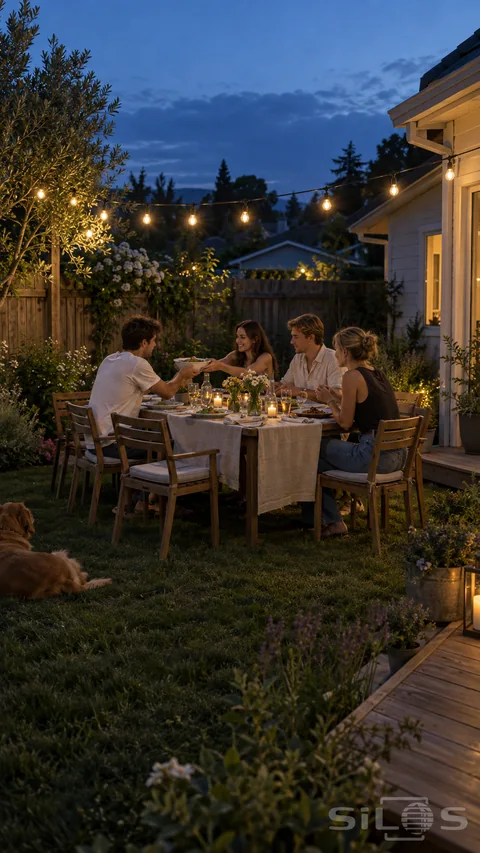 Four friends share dinner at a linen-covered backyard table beneath string lights, surrounded by flowers, a timber fence and the house at dusk.