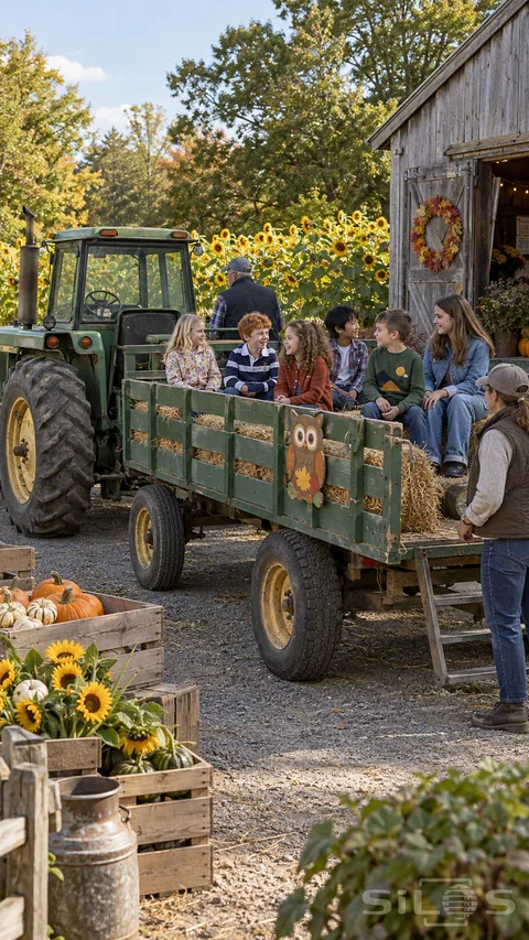 A varied group of children sits in a green hay wagon beside a tractor; sunflower rows and a barn decorated with a leaf wreath and handmade owl; with pumpkin crates nearby.