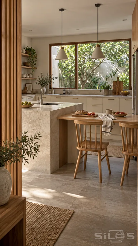 A stone peninsula and timber breakfast counter sit beneath unlit pendants, facing a broad courtyard window in a quiet contemporary kitchen.