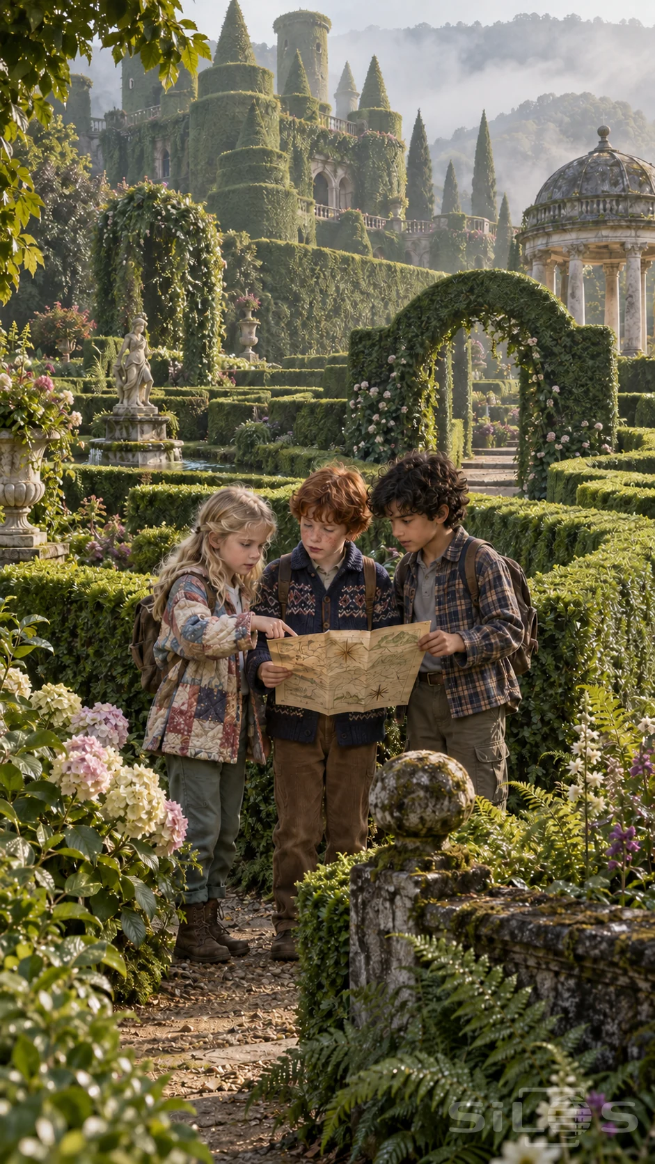 Three children compare a treasure map in an elaborate topiary garden, surrounded by flowering hedge arches, a stone pavilion and an ivy-covered castle.