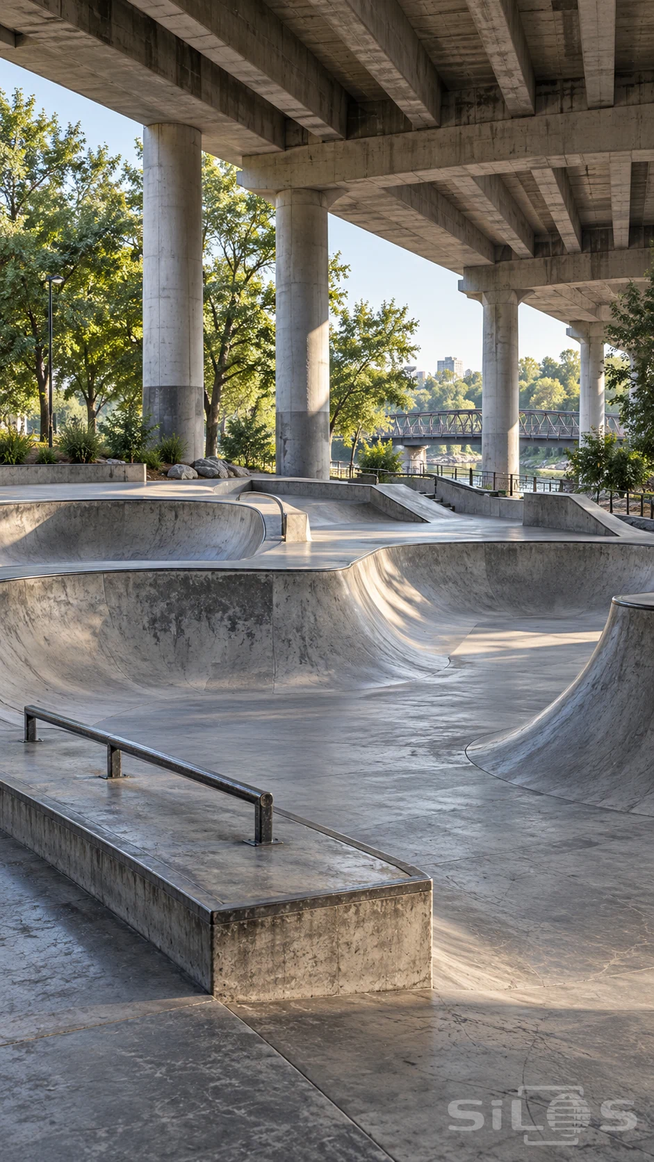 An empty skatepark curves beneath a broad concrete bridge, with low rails, leafy trees and a pedestrian crossing beyond.