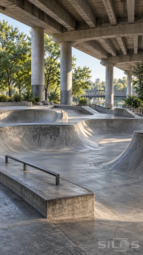 An empty skatepark curves beneath a broad concrete bridge, with low rails, leafy trees and a pedestrian crossing beyond.