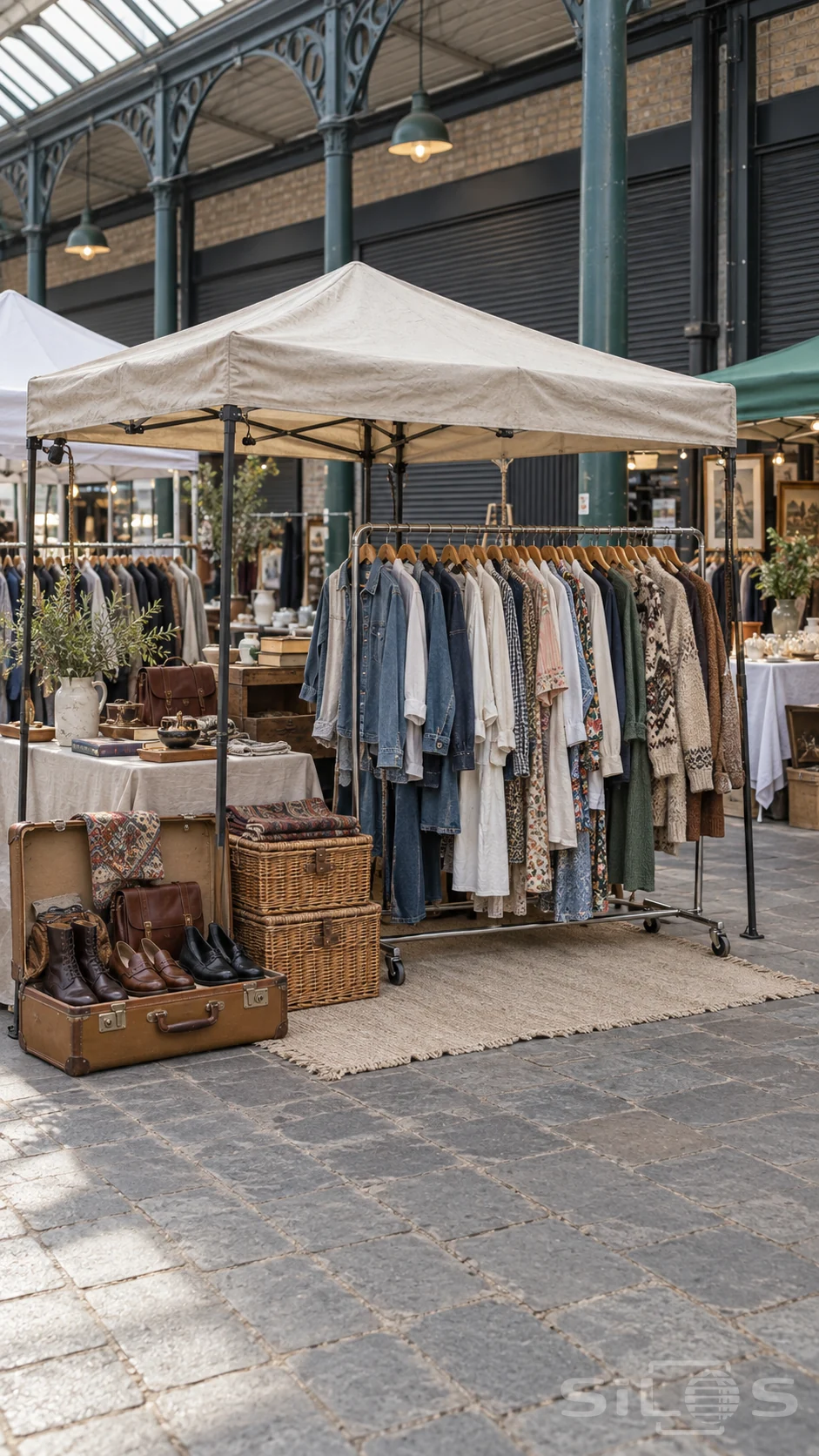 A vintage clothing stall displays denim, cotton shirts and knitwear beneath a canvas canopy, with suitcase footwear and wicker baskets in a covered market.