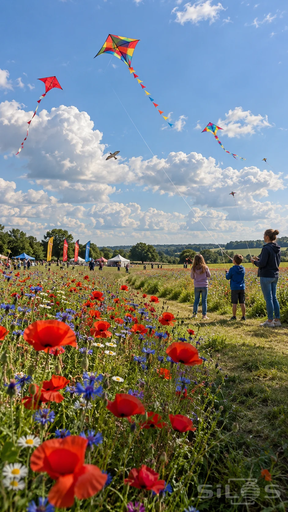 A family flies colorful kites beside a path through red poppies and blue wildflowers, with festival tents and a wide cloud-filled sky beyond.