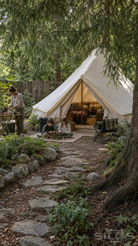 Children sort leaves beside an open canvas bell tent beneath evergreen branches while an adult prepares food, with a stone path, plaid bedding and practical camping gear.