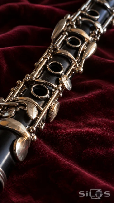 Close-up of silver clarinet keys and open tone holes against dark wood, resting diagonally on burgundy velvet