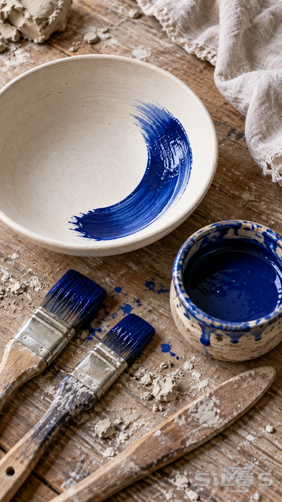 A cream pottery bowl with a cobalt brushstroke sits beside blue glaze and clay-stained brushes.