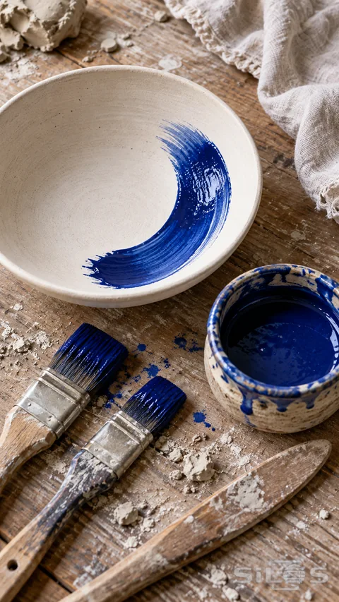 A cream pottery bowl with a cobalt brushstroke sits beside blue glaze and clay-stained brushes.