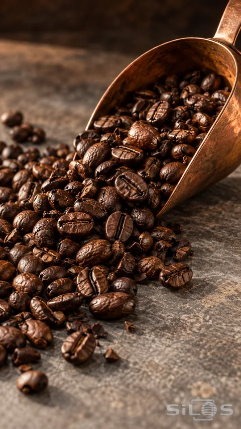 A copper scoop spills dark roasted coffee beans across a gray stone counter in warm side light.