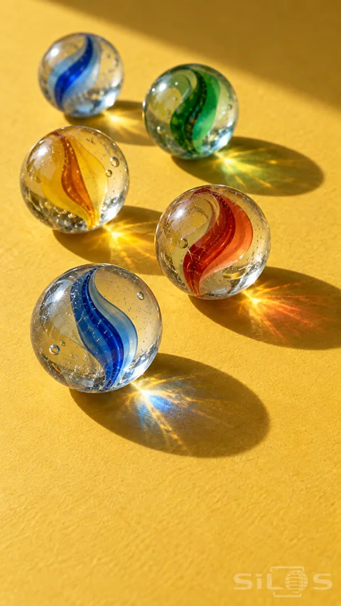 Five clear glass marbles with colored ribbons casting bright caustics and shadows on mustard-yellow paper