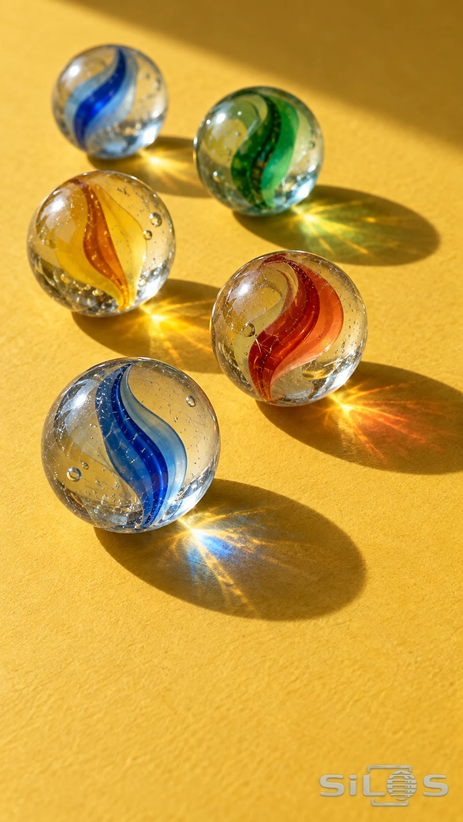 Five clear glass marbles with colored ribbons casting bright caustics and shadows on mustard-yellow paper