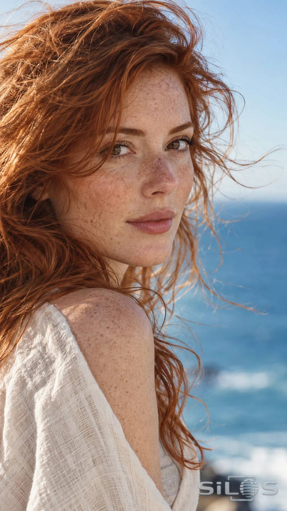 Close portrait of a freckled woman with windblown copper hair and a cream linen shoulder against a softly blurred blue sea.