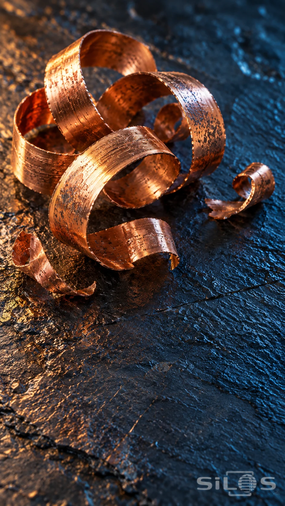 Thin curled copper machining shavings on dark slate with warm highlights and cool blue shadows