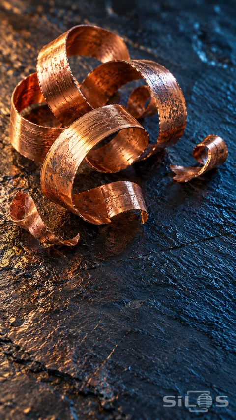 Thin curled copper machining shavings on dark slate with warm highlights and cool blue shadows