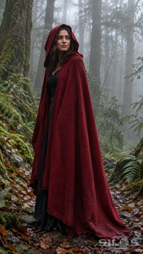 An adult woman in a deep red hooded costume cape stands on a fern-lined woodland path in soft gray mist.