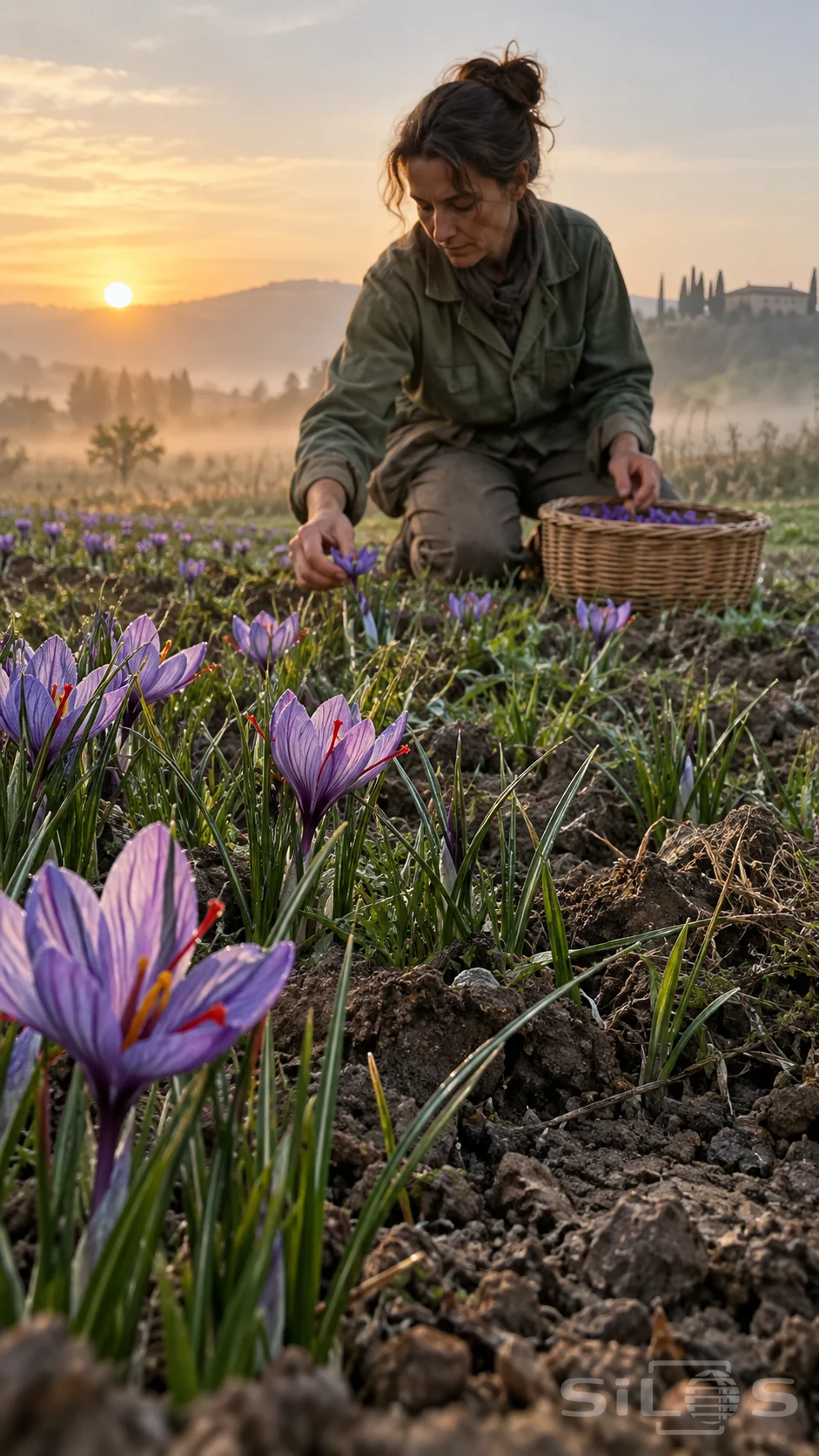 An adult grower kneels among purple crocus flowers beside a wicker harvest basket, with sunrise and mist behind the field.