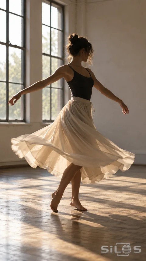 A dancer in a dark top and flowing cream skirt turns beside tall studio windows.
