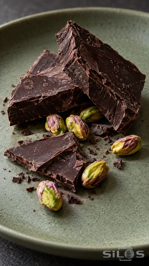 Roughly broken dark chocolate pieces with green pistachio kernels on a matte sage-green plate