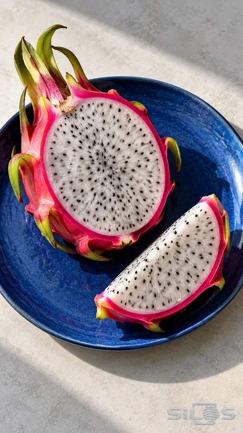 A dragon-fruit half and wedge with white flesh, black seeds and pink skin rest on a blue plate.