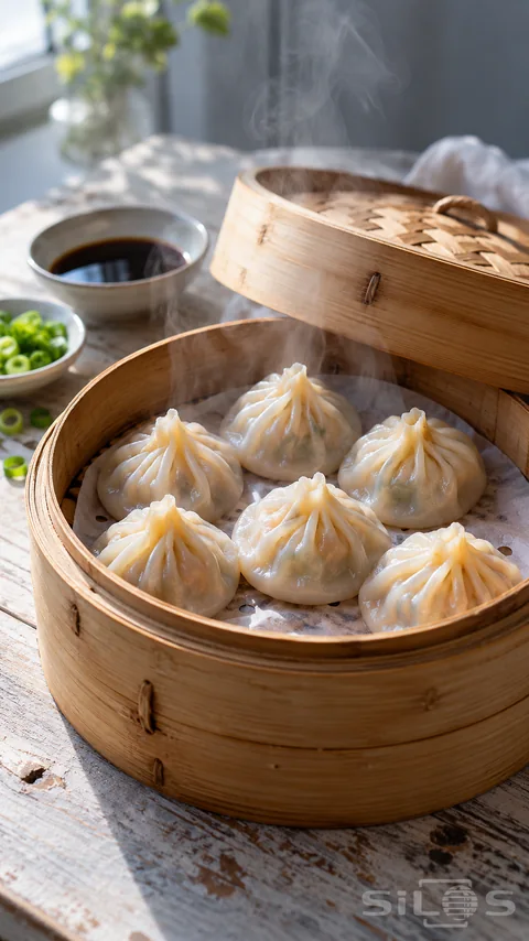 Six pleated dumplings steaming in an open bamboo basket on a pale wooden table beside soy sauce and scallions.