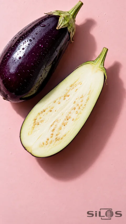 An overhead still life of a whole purple eggplant and a lengthwise cut half on a pale pink surface.