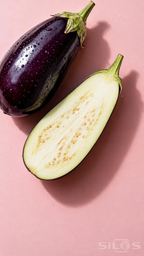 An overhead still life of a whole purple eggplant and a lengthwise cut half on a pale pink surface.