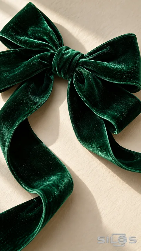 Deep green velvet bow with curled ribbon tails on lightly textured ivory paper