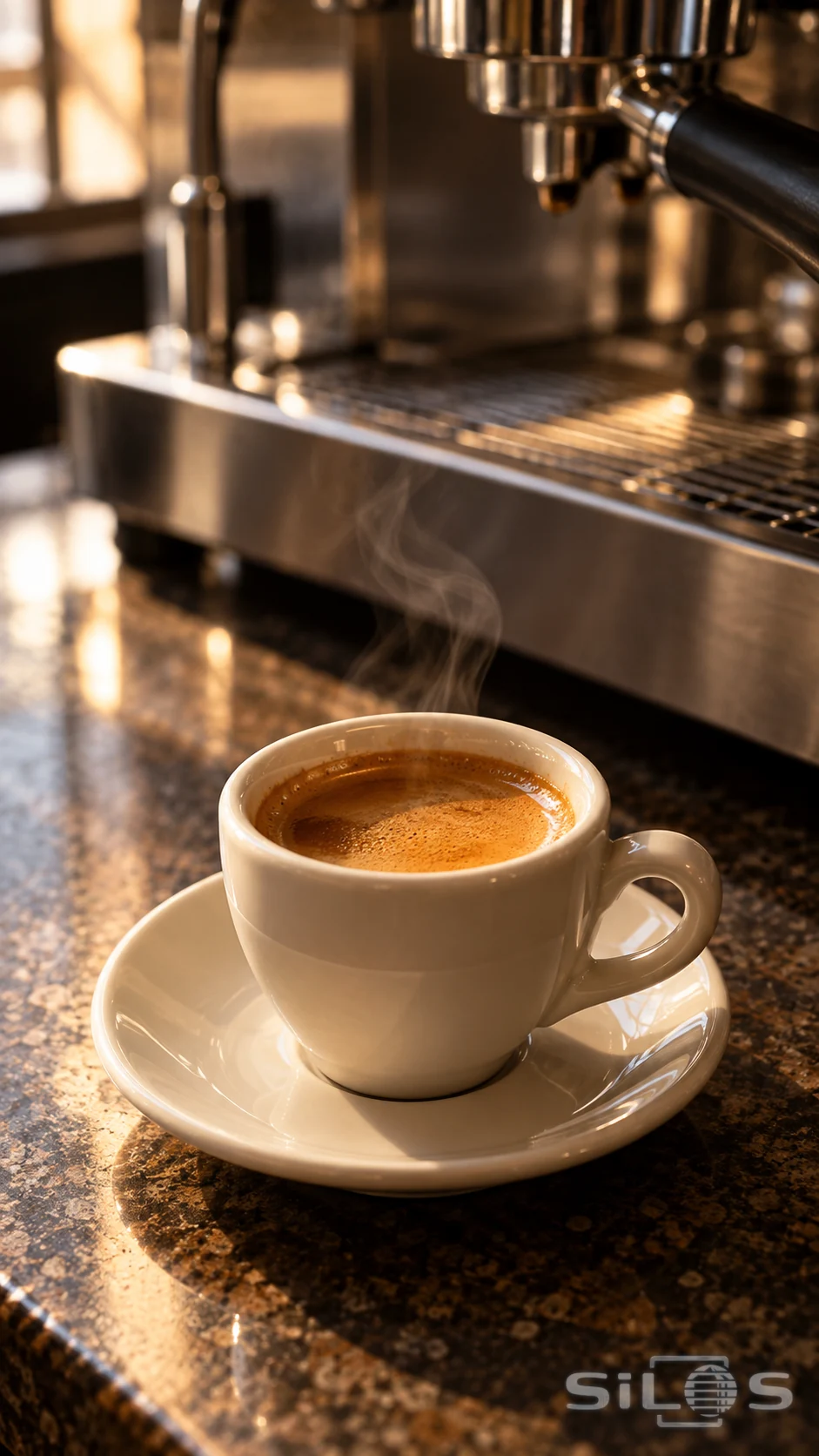A plain cream espresso cup and saucer give off faint steam on a sunlit café counter.
