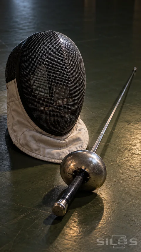 An empty fencing mask with a white padded bib sits beside a straight fencing blade and round metal guard.