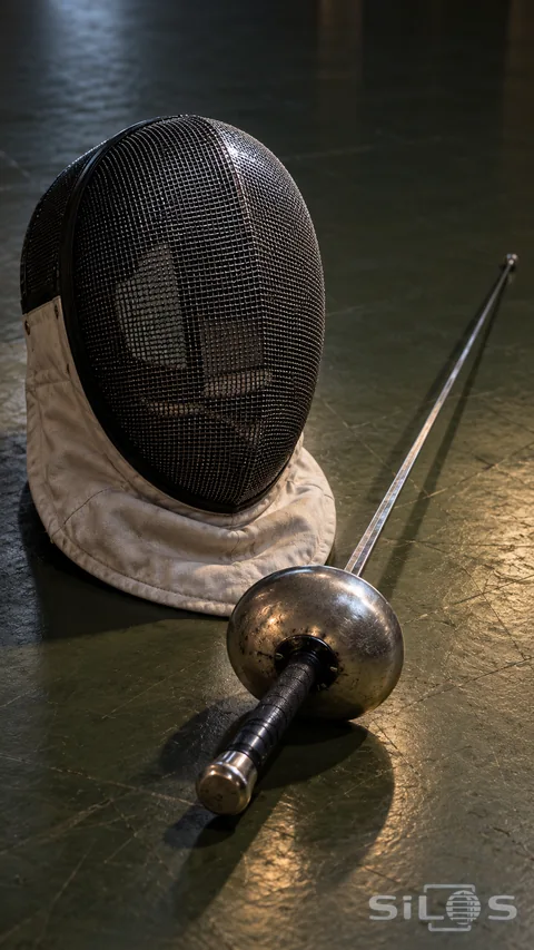 An empty fencing mask with a white padded bib sits beside a straight fencing blade and round metal guard.