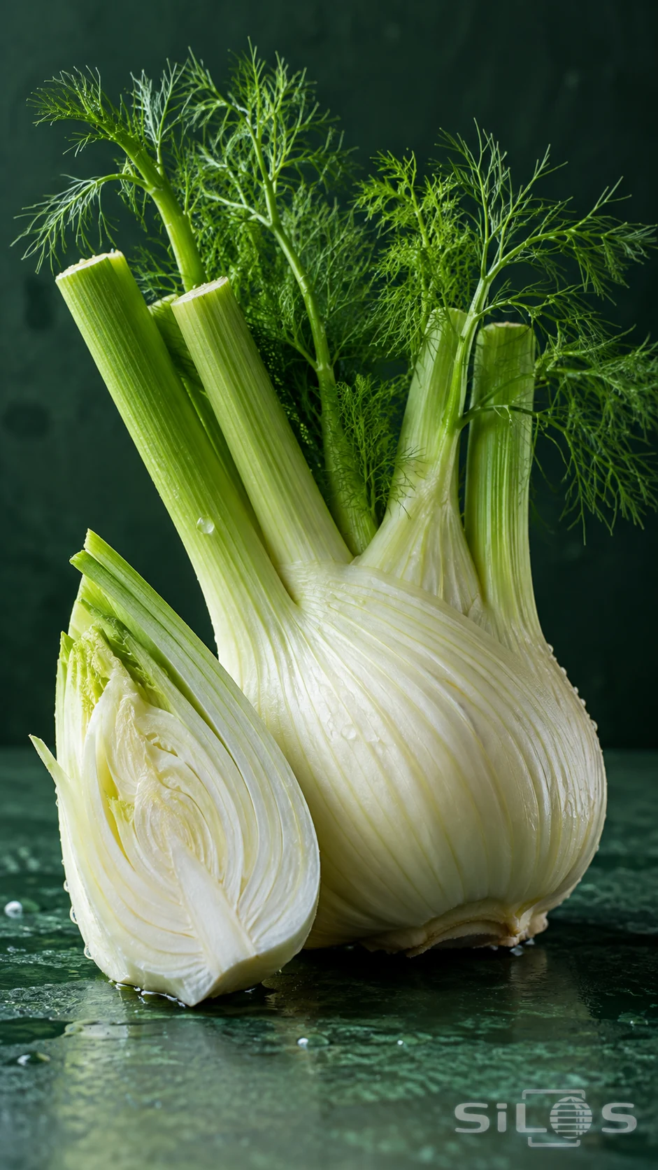 A fresh fennel bulb with green stalks and feathery fronds beside a cut section on a dark green surface.