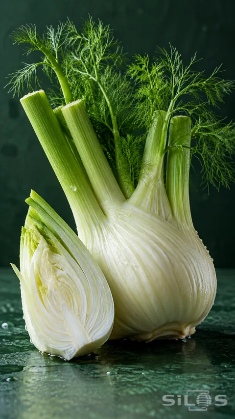 A fresh fennel bulb with green stalks and feathery fronds beside a cut section on a dark green surface.