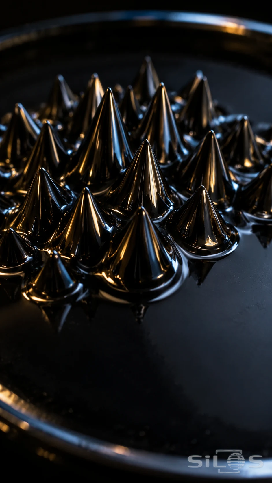 Cluster of glossy black ferrofluid spikes with gold and blue highlights in a shallow dark dish