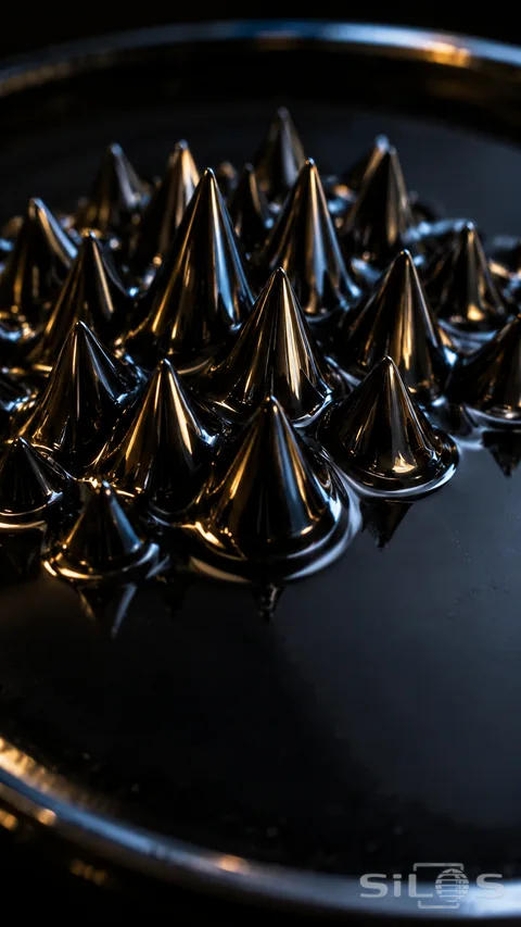 Cluster of glossy black ferrofluid spikes with gold and blue highlights in a shallow dark dish