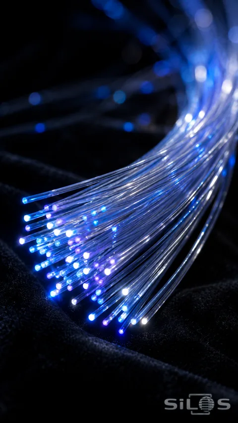 A curved bundle of transparent optical fibers has bright blue, white and violet tips on black velvet.